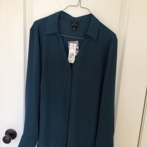 BLOUSE Top Beautiful Dark Teal Long Sleeve Chiffon Type  Size Medium
